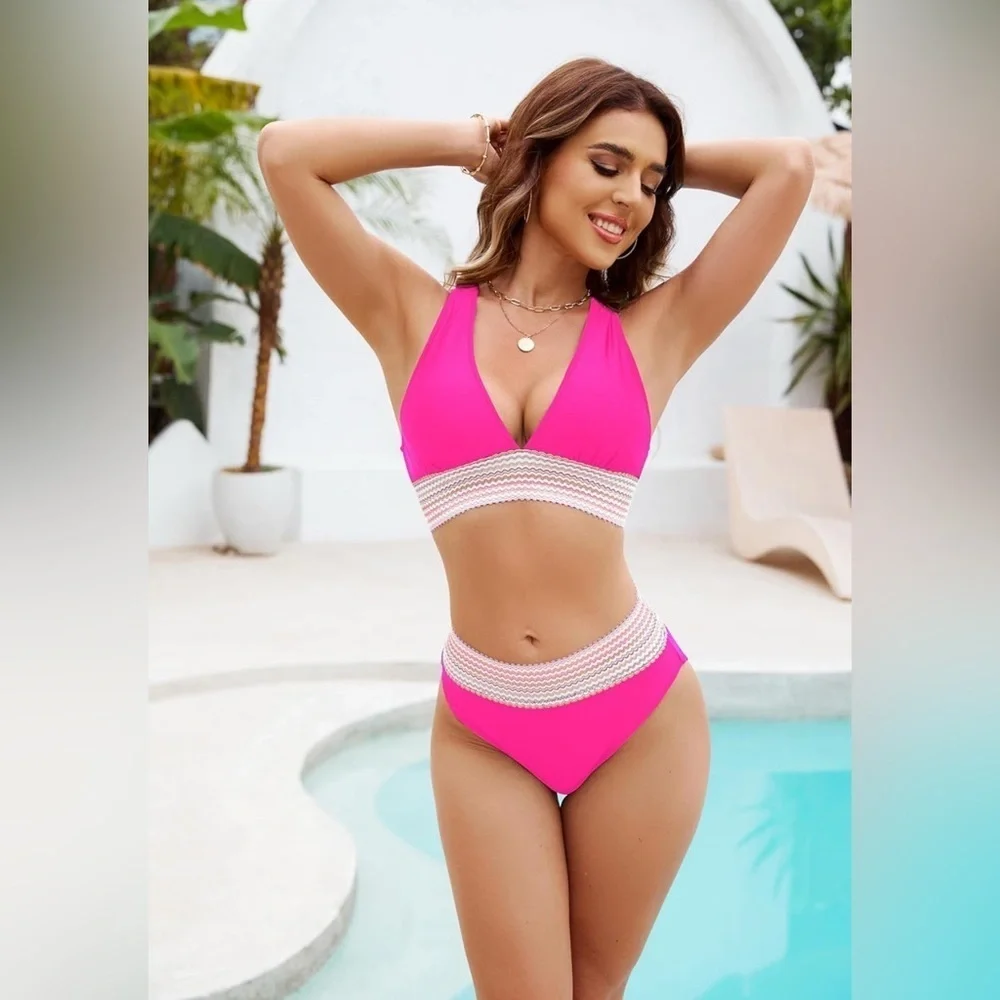 High Waisted Bikini   Tummy Control Swimsuit  2 Piece Color Block Bathing Suit